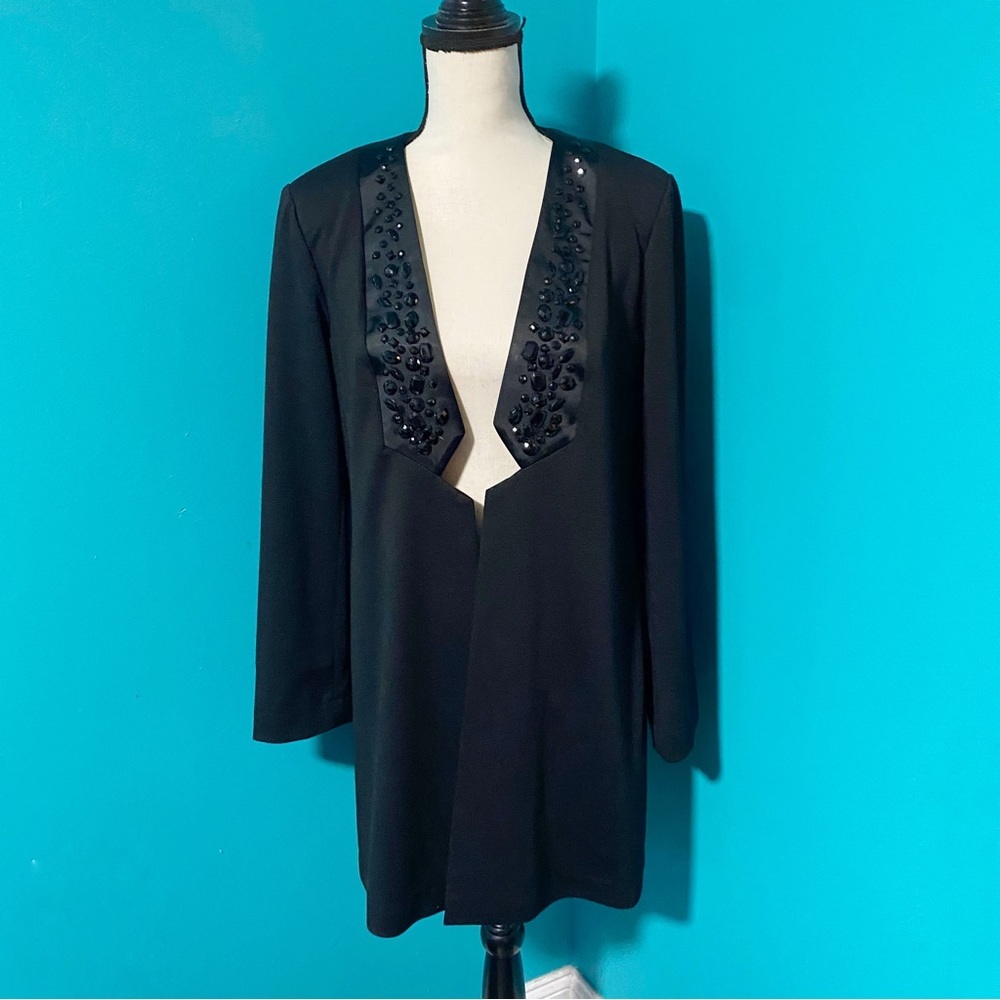 Focus 2000 Size 6 Black Rhinestone Lapel Open Longline Jacket Blazer